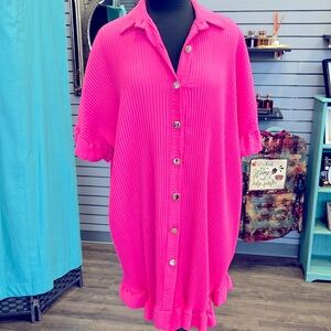 NWT Hot Pink Ruffled Dress with Gold Accent Buttons